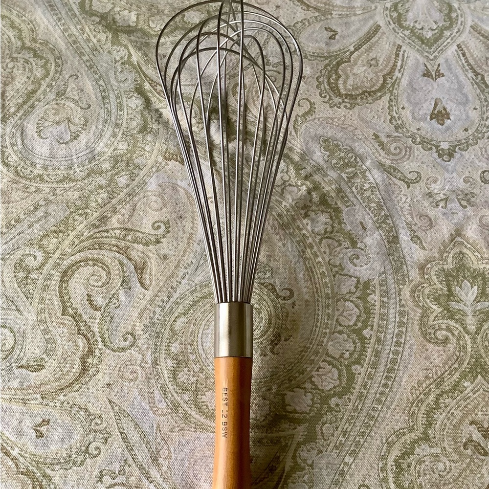 Large 12” professional bakers whisk, heavy weight, wooden handle